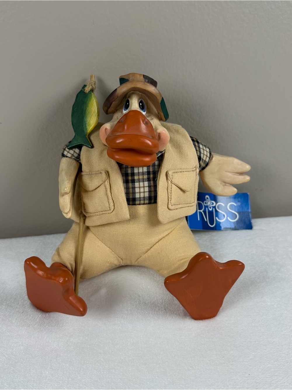 Russ Berrie Kathleen Kelly Plush Duck Fisherman with Orange Beak and Feet #2145